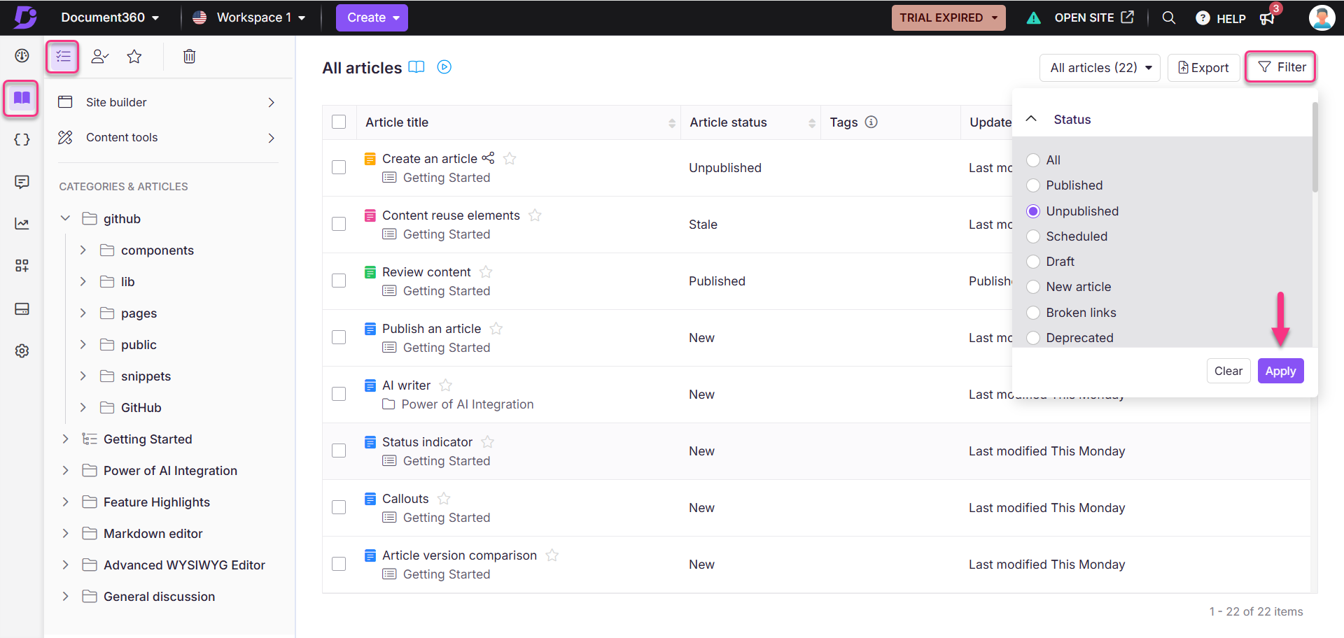 Document360 interface showing article management with filter options and article statuses.