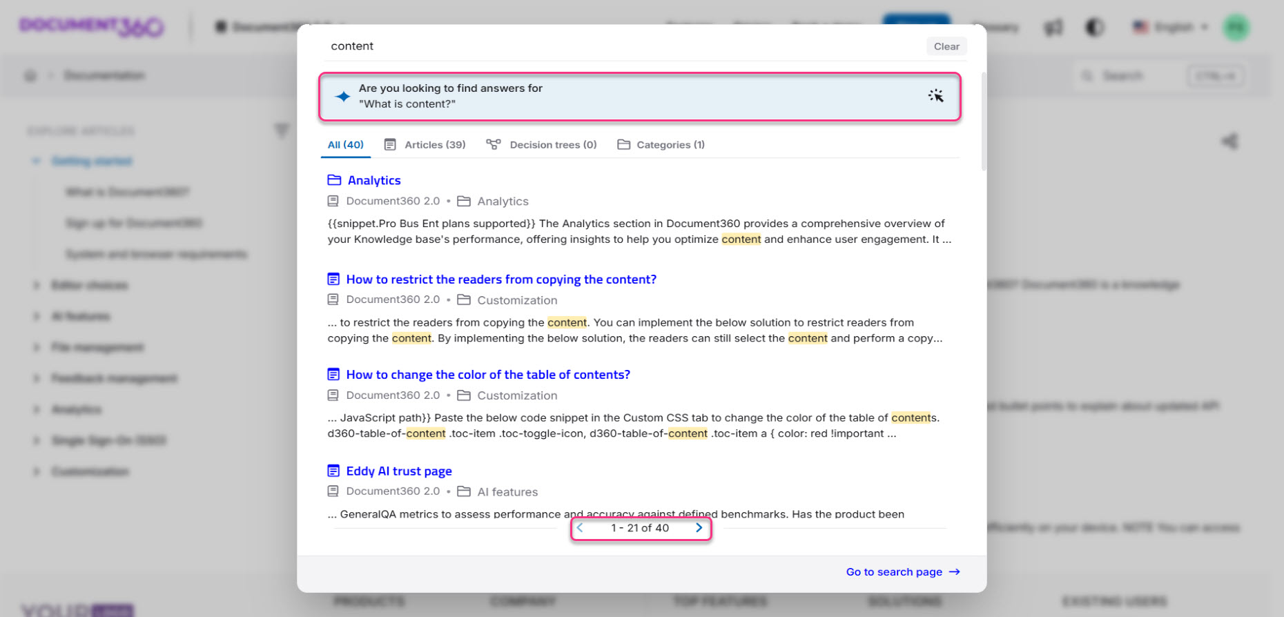 Search bar highlighting content-related queries in Document360 documentation interface.