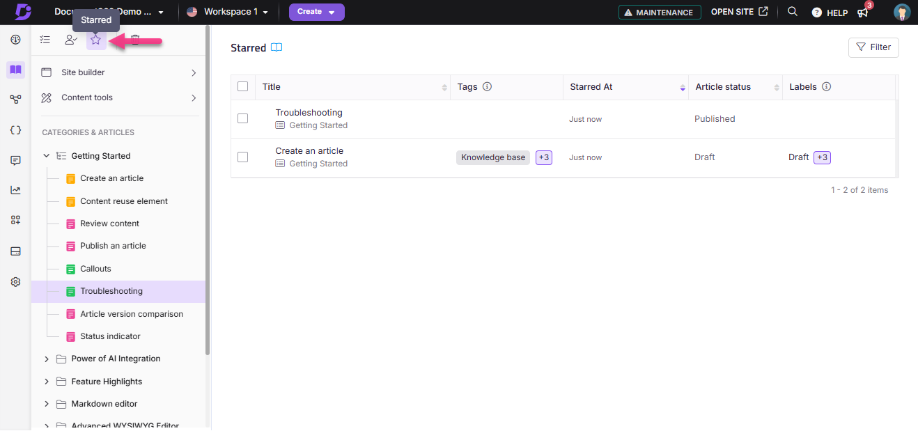 User interface showing starred articles and categories in a content management system.