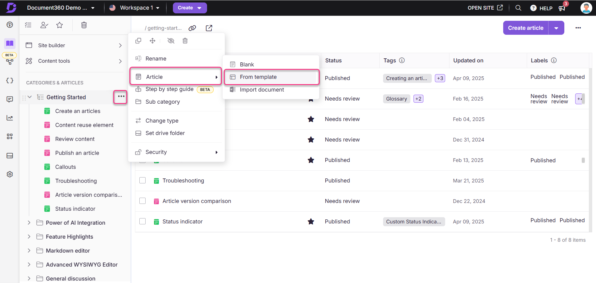 Document360 interface shows how to create an article from template