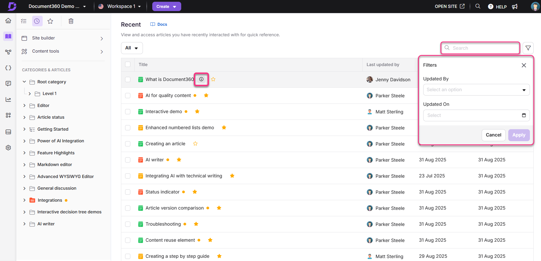 Document360 interface showing recent articles with filter options and user updates.
