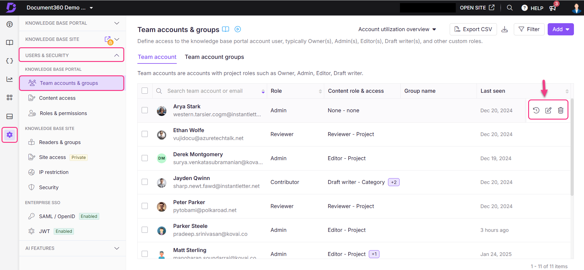 Image showing options to edit and modify team accounts