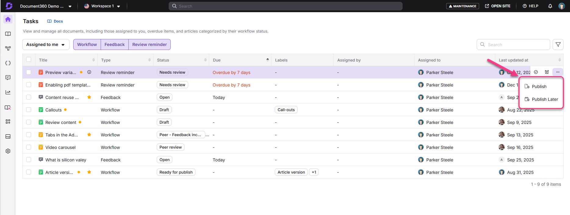 Task management interface showing overdue items and publishing options for documents.