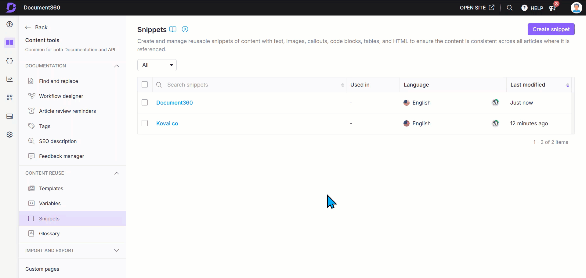 Document360 interface showing translating existing snippets