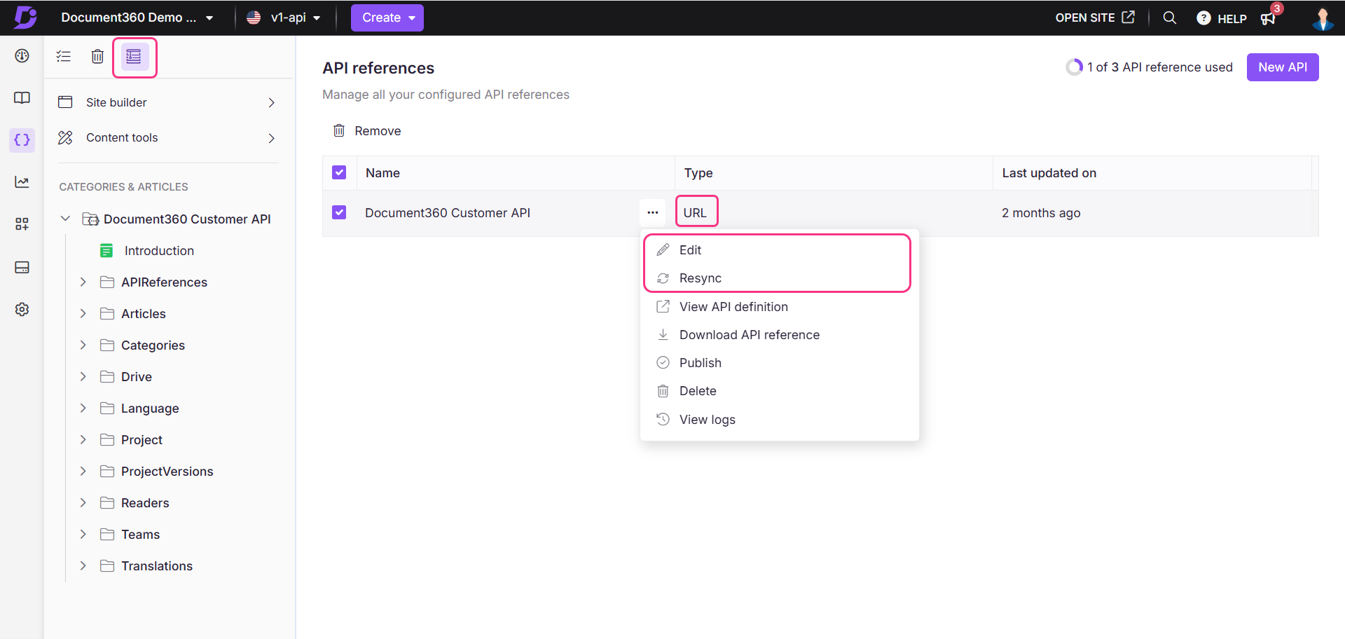 Image showing edit and resync options