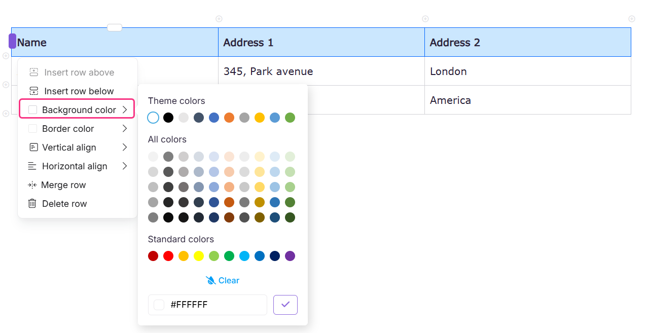 Image showing the option to set table background color for a row or a column