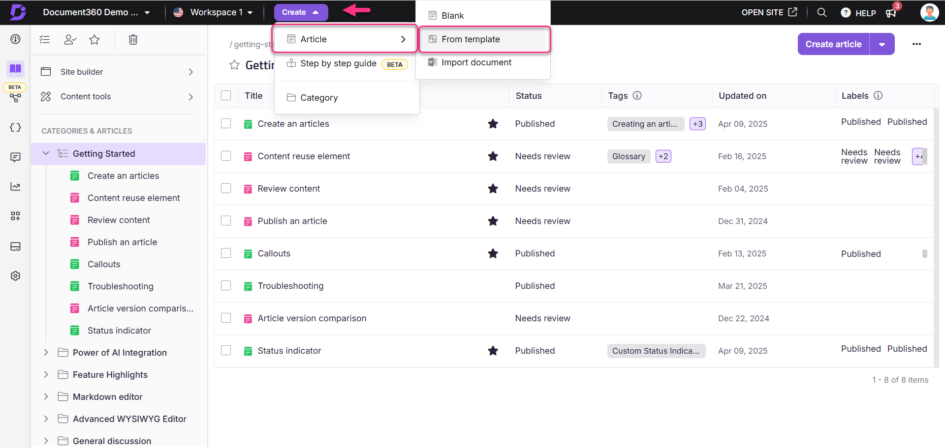 Creating an article from a template in the Document360 interface.