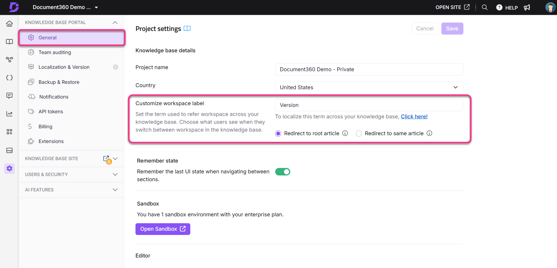 Project settings interface showing options for customizing workspace labels and navigation.