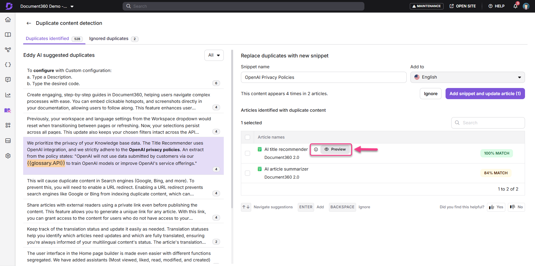 Document360 interface showing duplicate content detection and OpenAI privacy policies section.