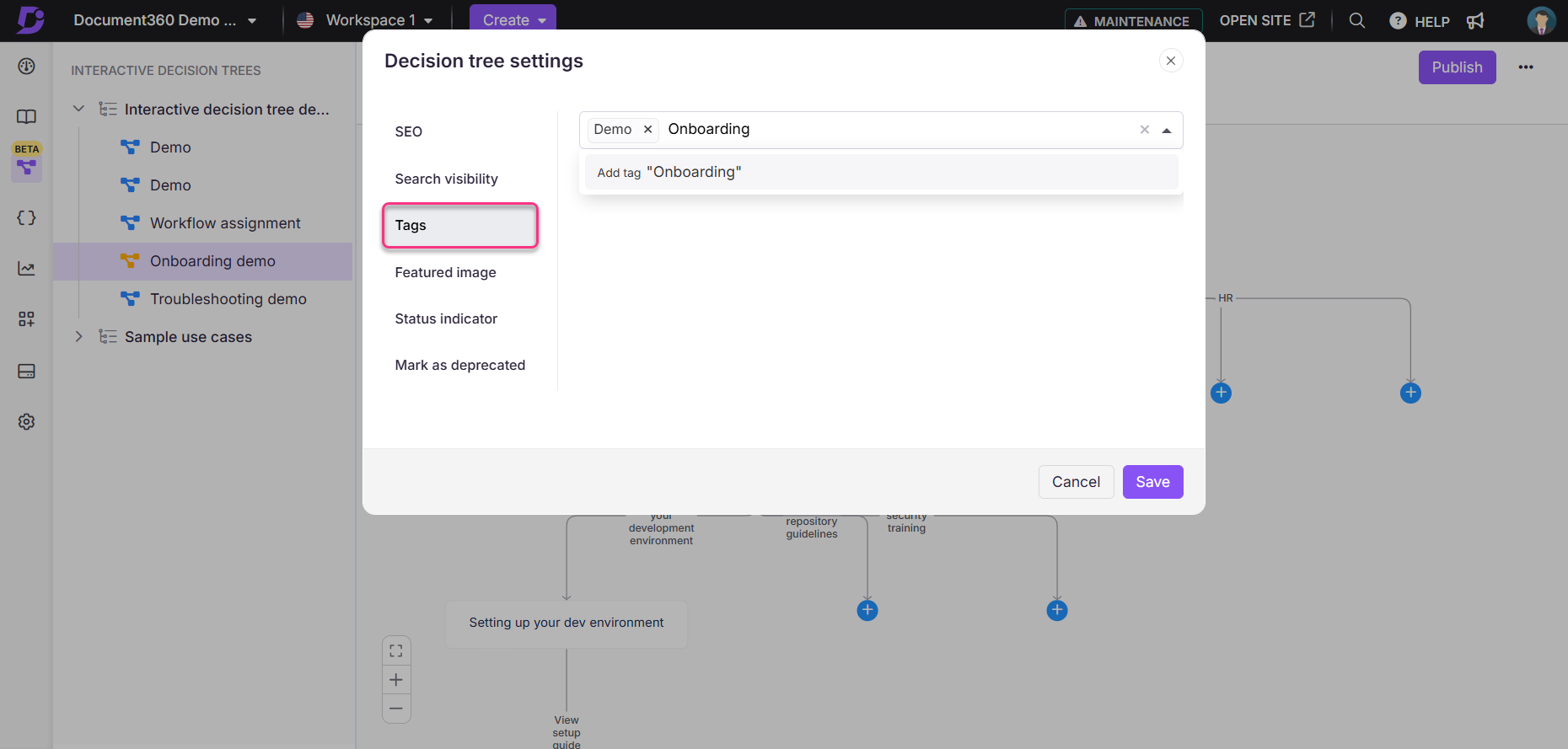 Settings for decision tree including tags, SEO, and visibility options displayed.