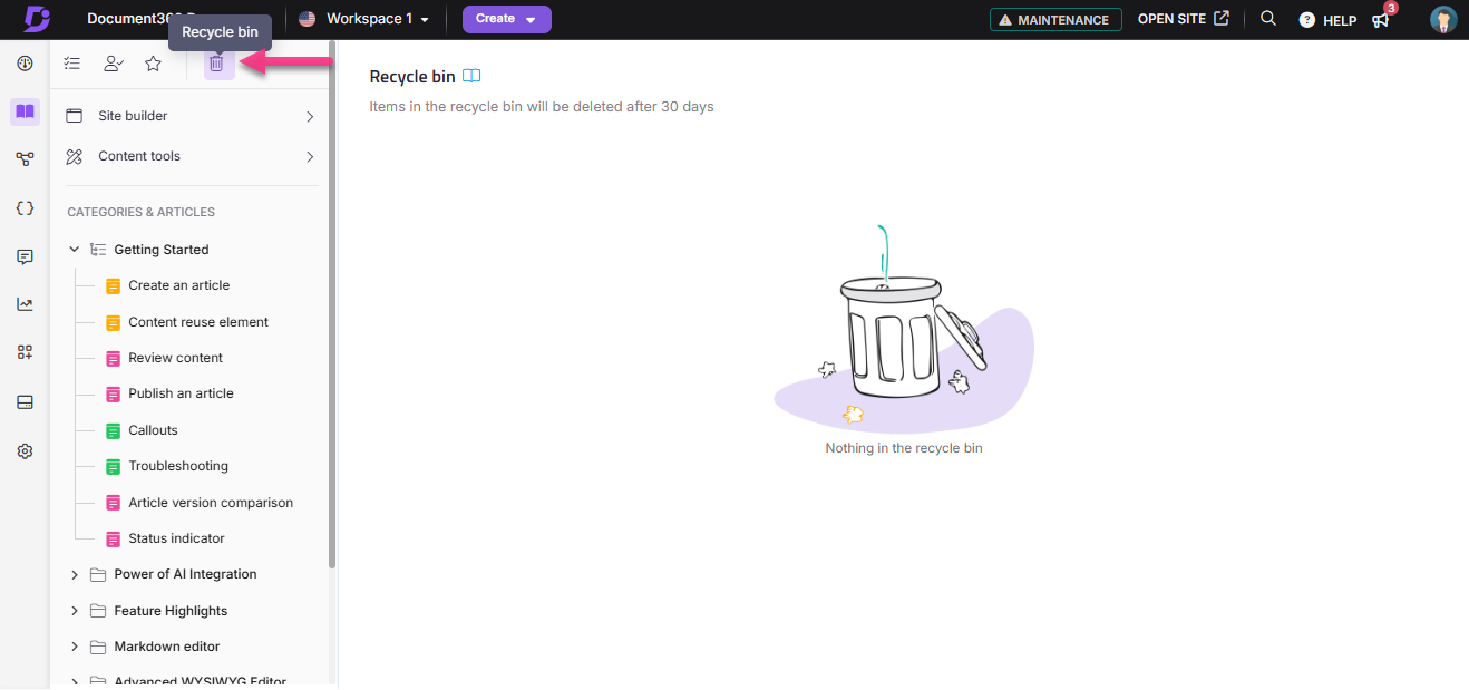 The recycle bin is empty, indicating no items are currently stored.
