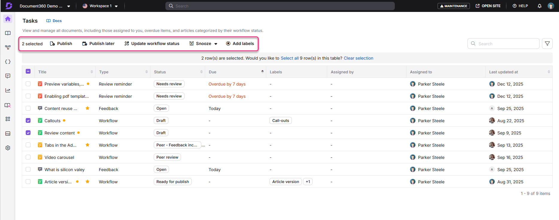Task management interface showing selected items and their workflow statuses.