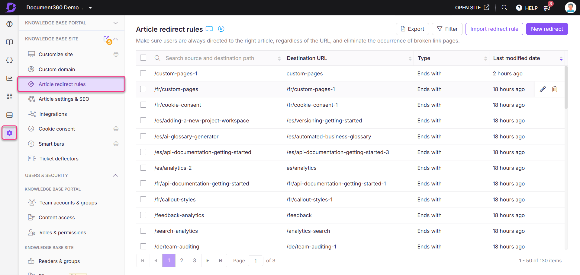 Overview of article redirect rules with destination URLs and modification dates listed.