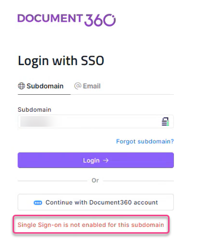 Login screen for Document360 with SSO option and subdomain input field.