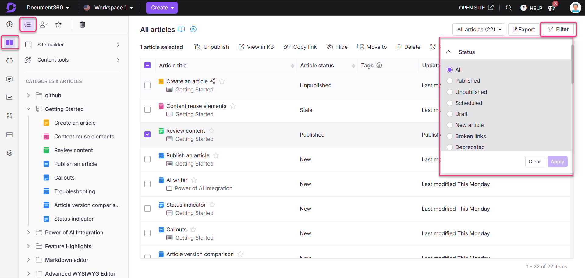 Document360 interface showing article statuses and filtering options for content management.