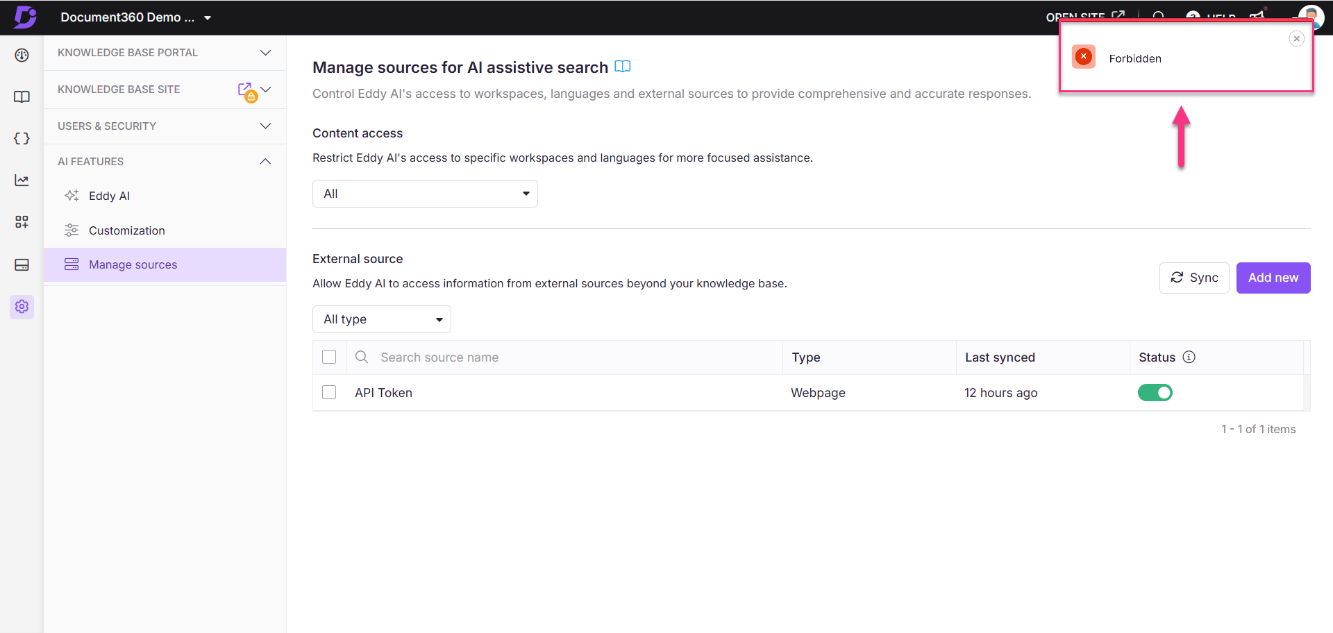 Manage sources for AI search, highlighting forbidden access and external source options.