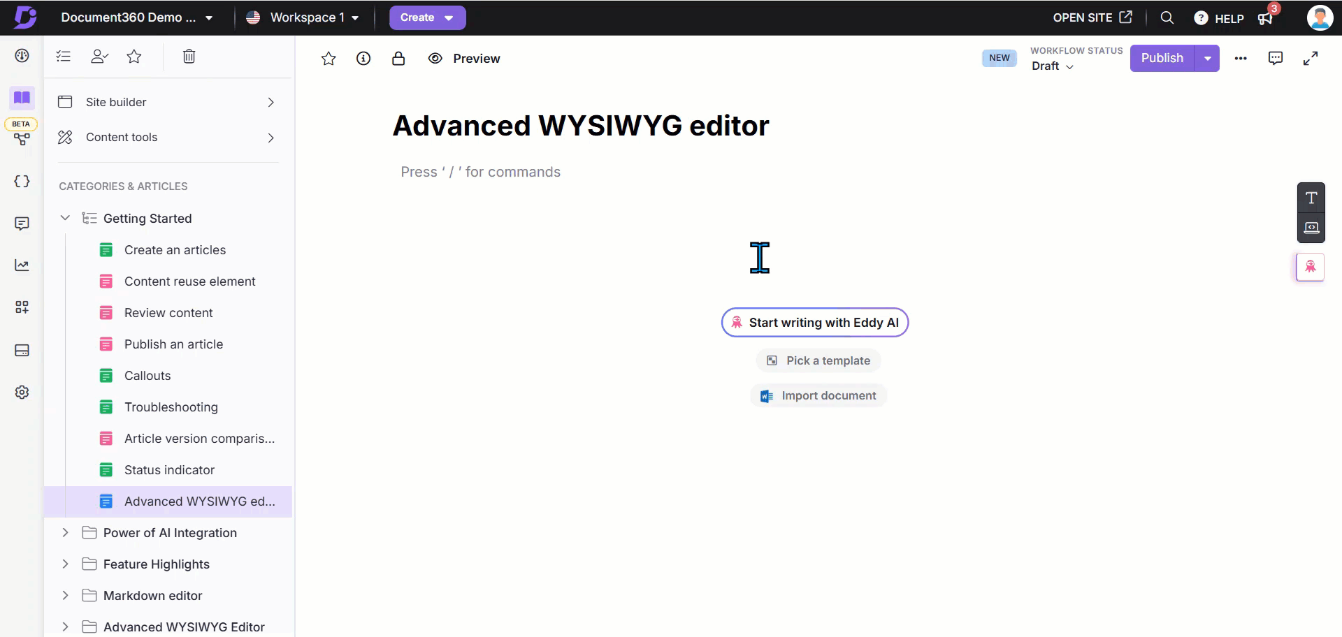 Creating an article from a template in the Advanced  WYDIWYG editor