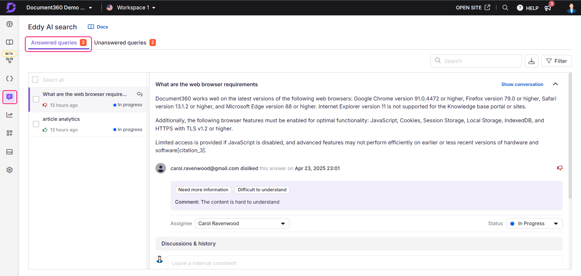 Answered queries overview page
