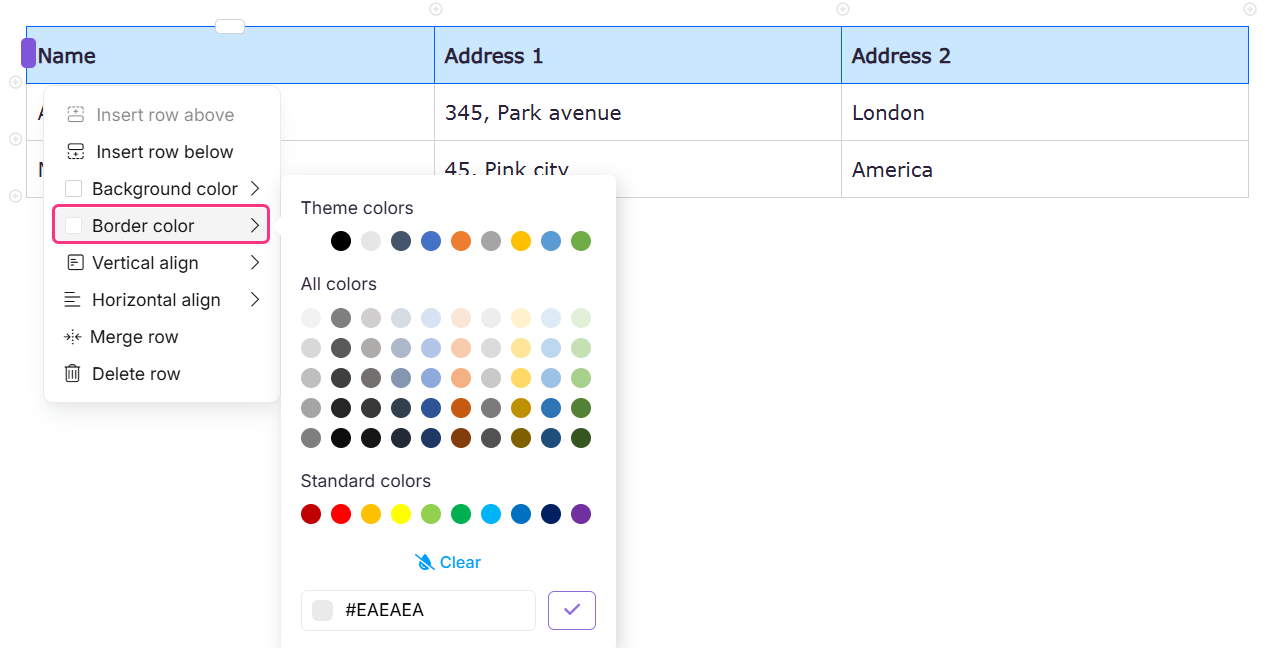 Image showing the option to change the border color of a table