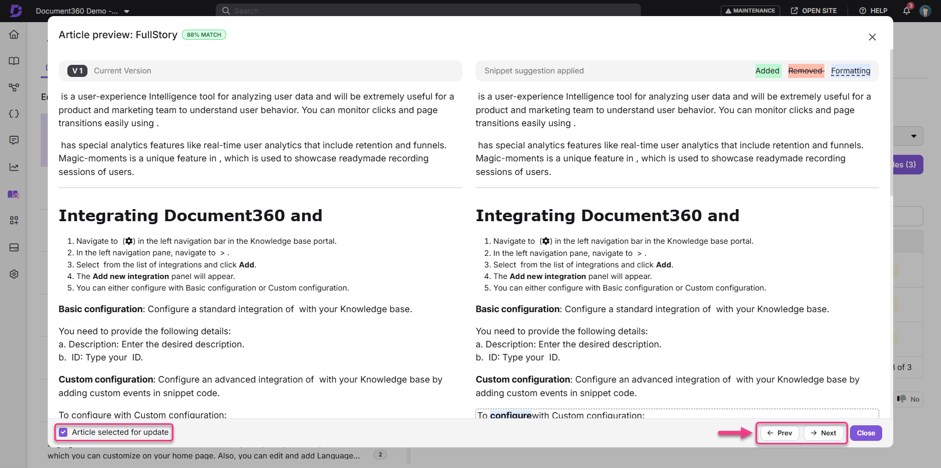 Instructions for integrating Document360 with highlighted steps and navigation details.