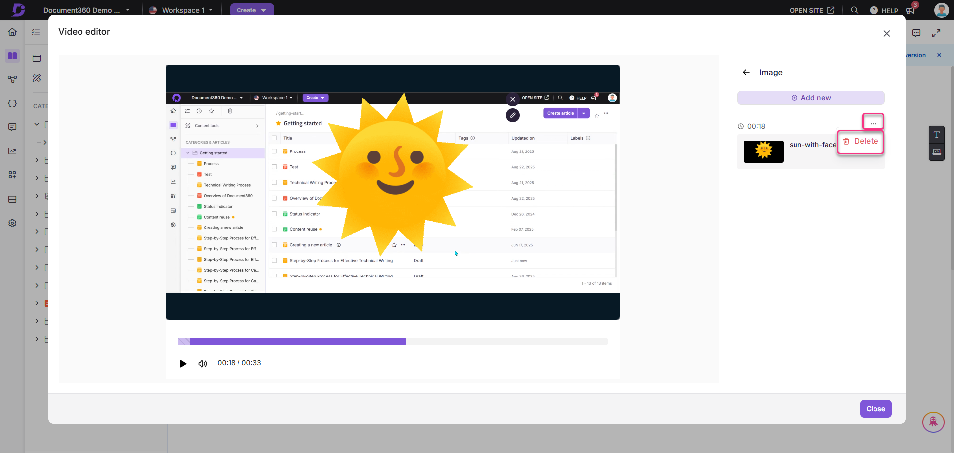 Video editor interface displaying content categories and a sun emoji image.