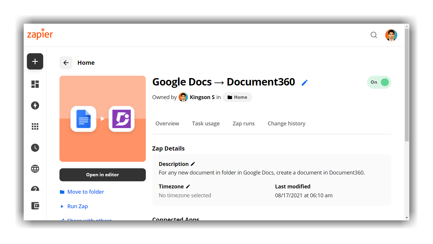 9_Screenshot-Google_Doc_and _Document360_Zap_overview_page