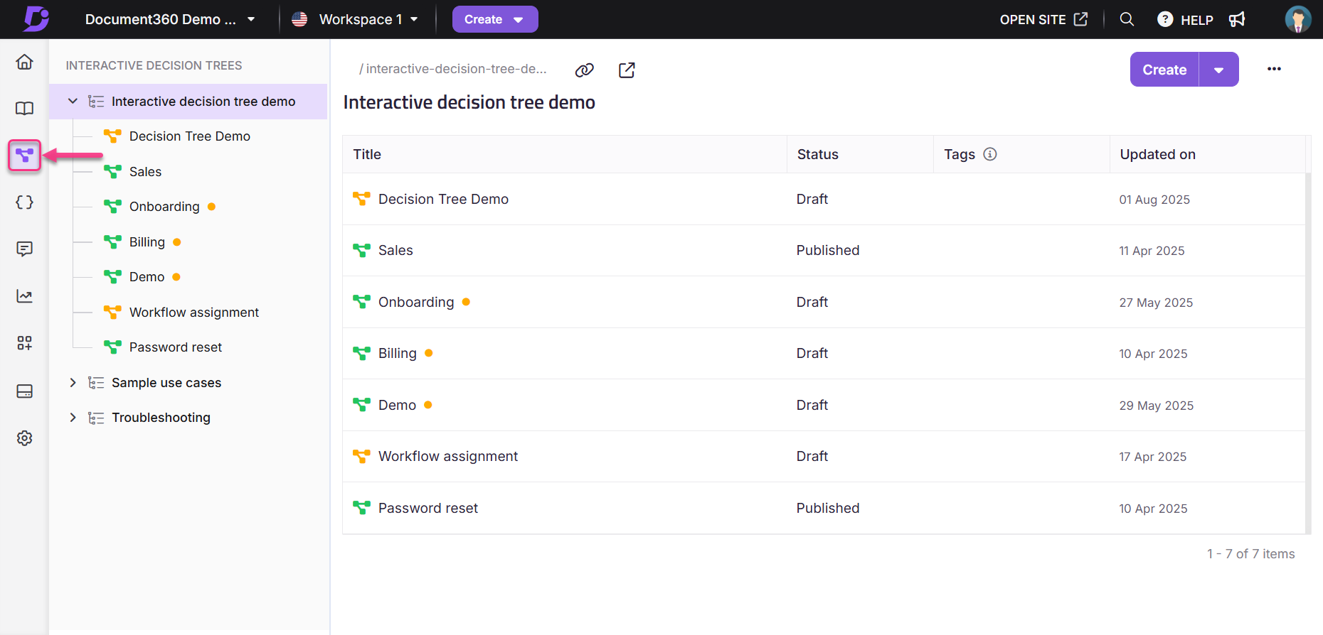Interactive decision tree demo showcasing various workflow statuses and tags for tasks.