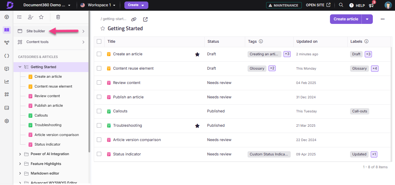The interface shows site builder options and article statuses for content management.