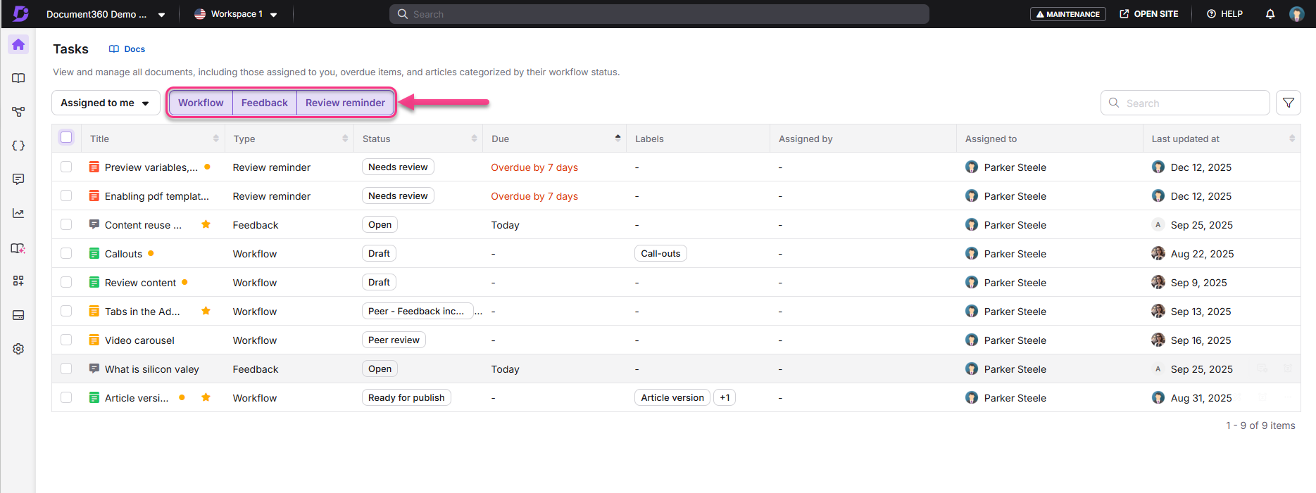 Task management interface showing assigned tasks with statuses and due dates.