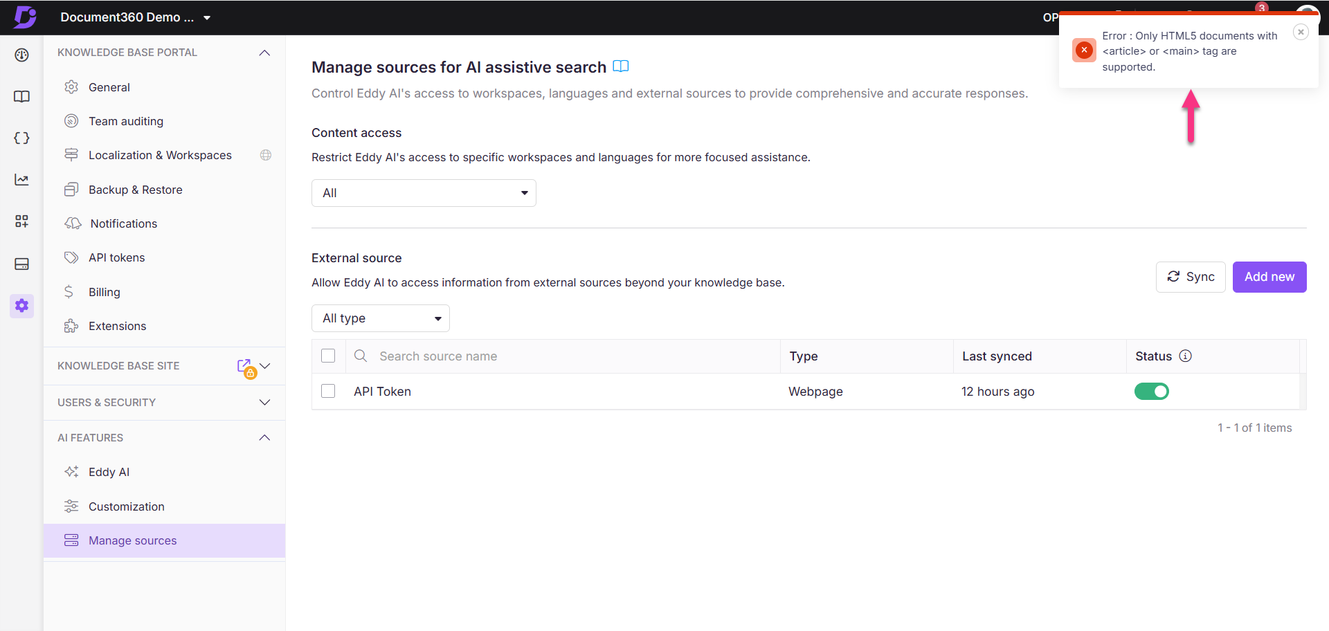 Manage sources for AI search, including content access and external source settings.