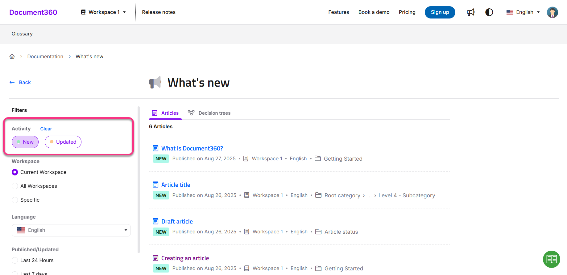 Filters for activity status in Document360, highlighting new and updated articles.