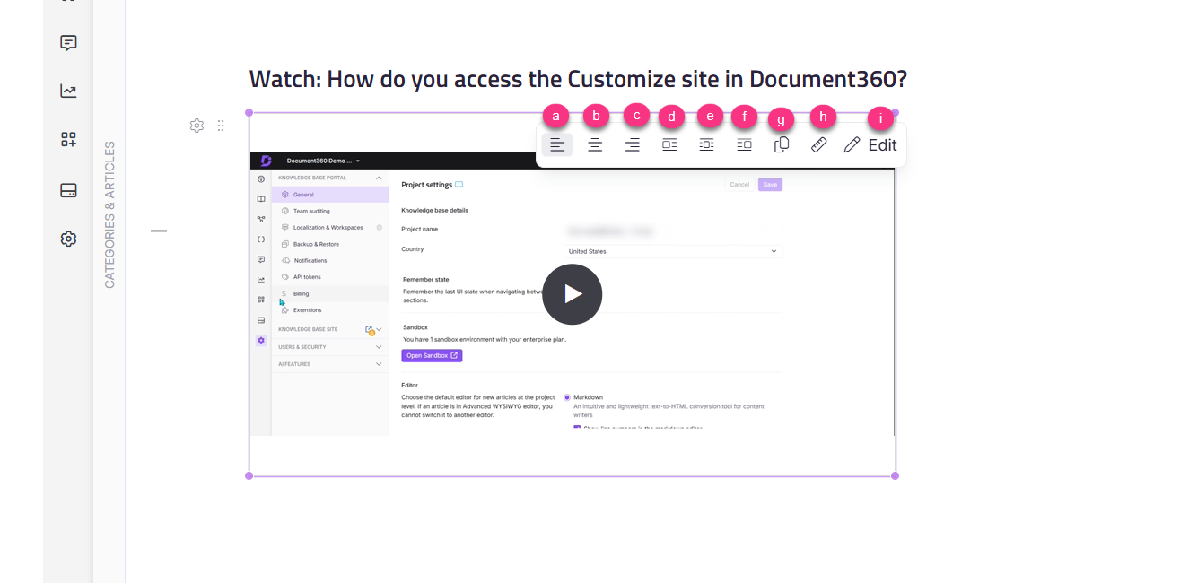 Editing options available for a recorded video in the Advanced WYSIWYG editor