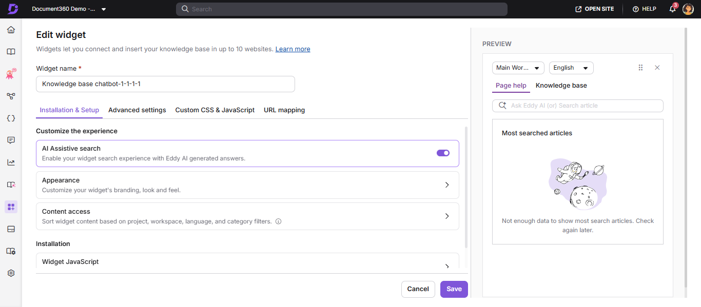 Configure and Connect tab showing the AI Assistive search toggle enabled