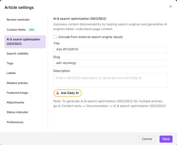 GEO/SEO tab in the Article settings panel showing meta title, slug, and description fields