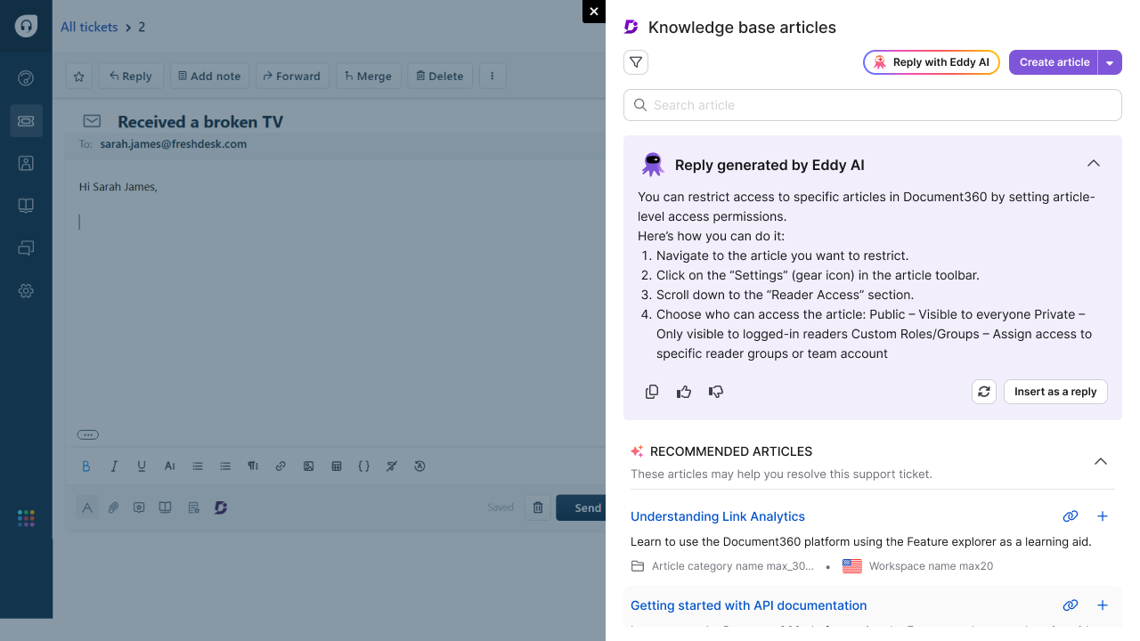 Instructions for restricting article access in Document360 with highlighted steps.
