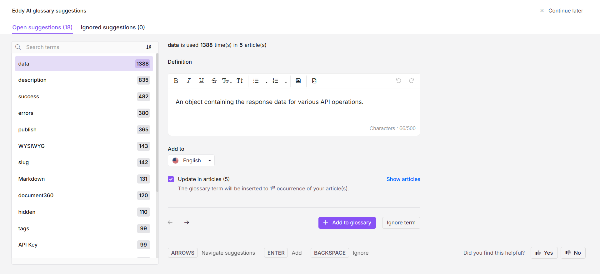 Glossary suggestions for terms like data, description, and success in an interface.