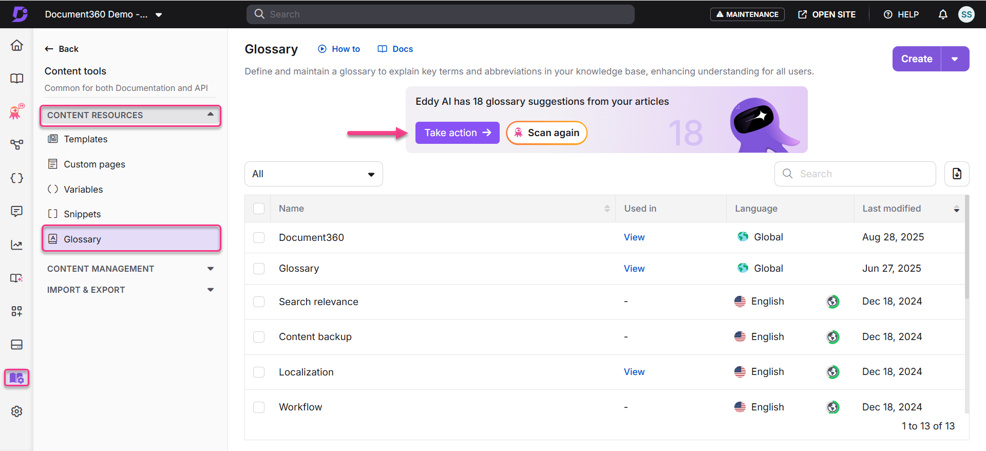Document360 interface showing glossary suggestions and content management options for users.