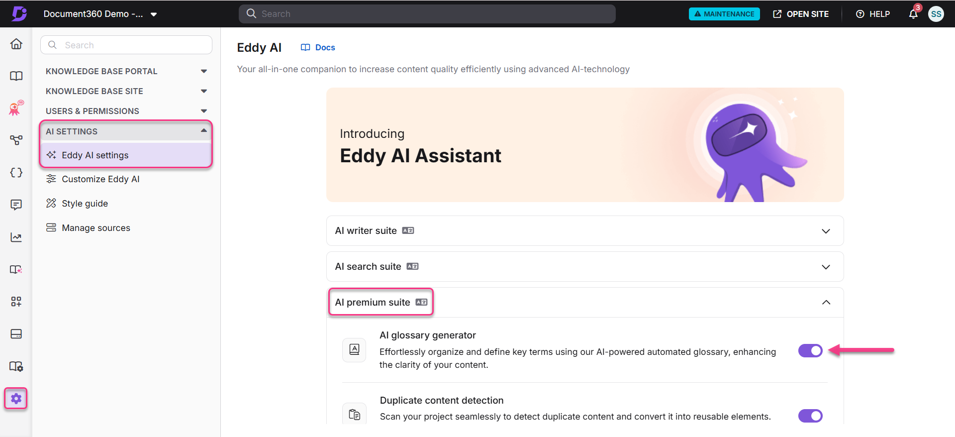 Eddy AI Assistant interface showcasing various AI tools and settings options.