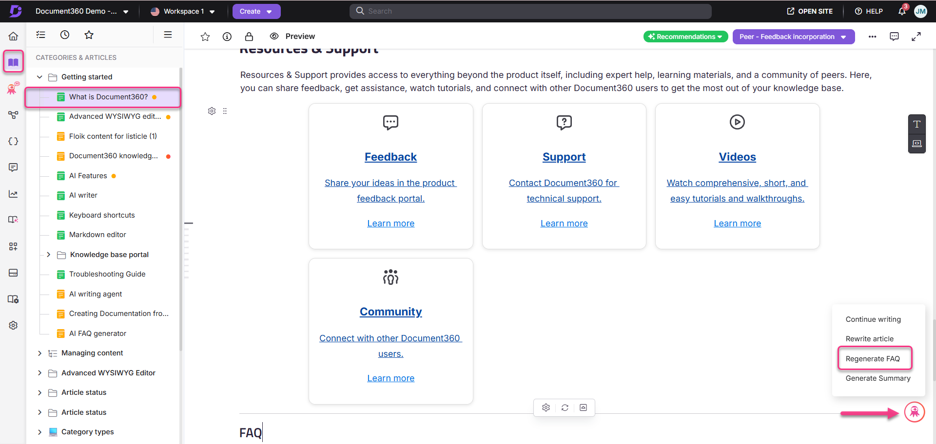 Document360 interface showing categories, articles, and support options for users.