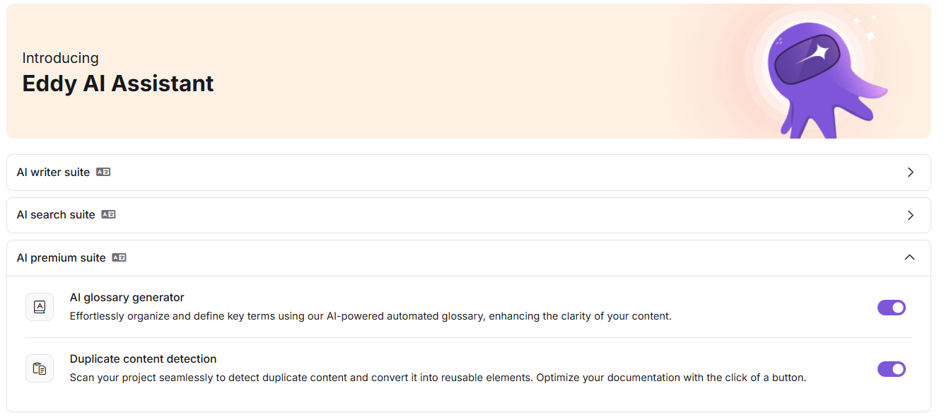 Eddy AI settings page showing the AI glossary generator toggle in the AI premium suite section.