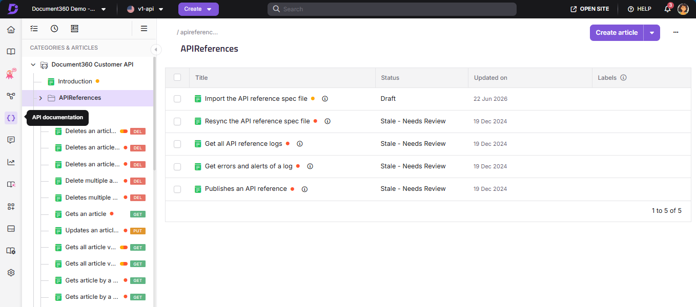 The API documentation workspace in the Knowledge base portal with the Create dropdown open showing the New API option.