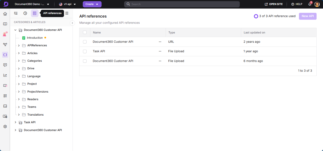 Document360 interface showing categories, articles, and options for creating new content.