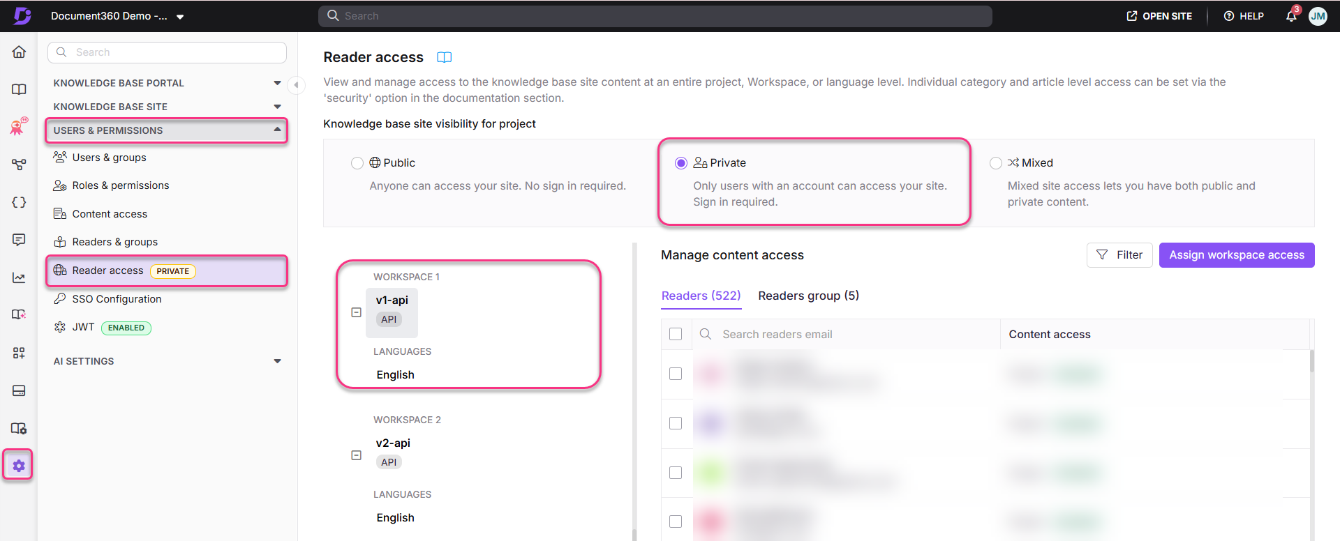 User permissions management interface showing private reader access settings and workspaces.