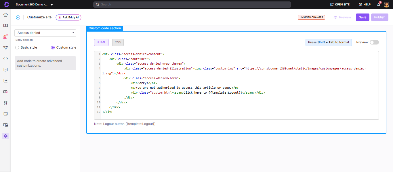 Custom style editor showing HTML and CSS sections for the Access denied page