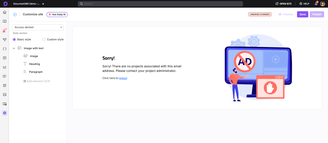 Access denied page customization panel in the Customize site builder