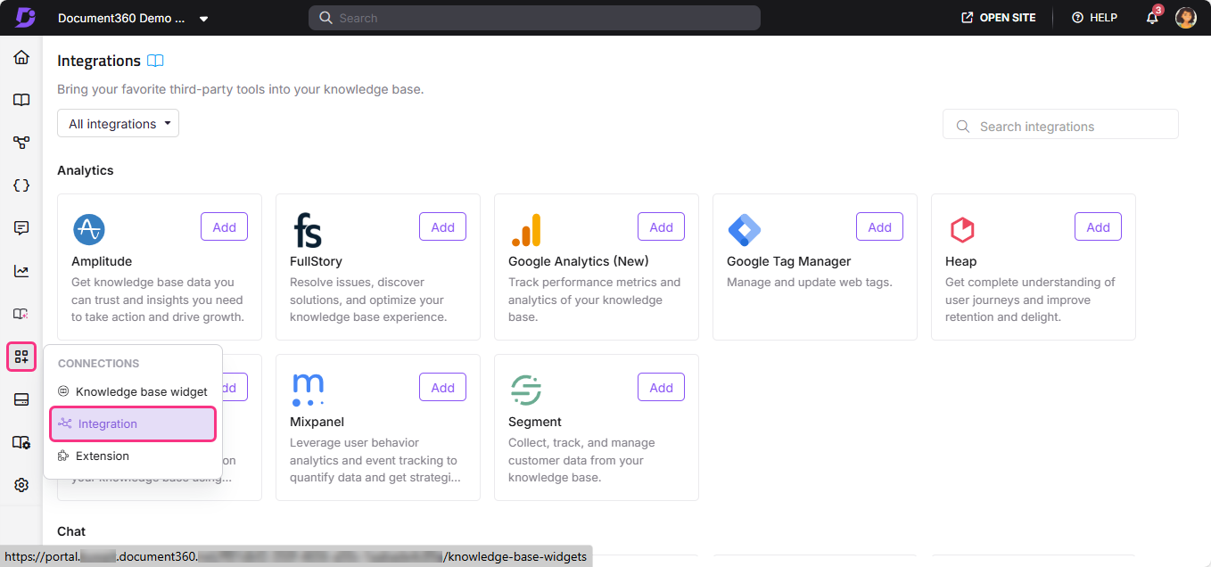 Integration options for analytics tools displayed in a user interface.