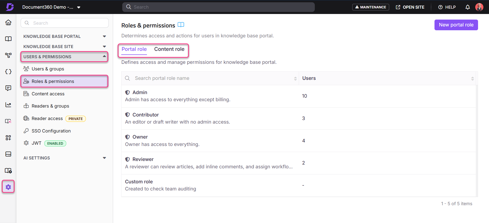 Overview of roles and permissions in a knowledge base portal interface.