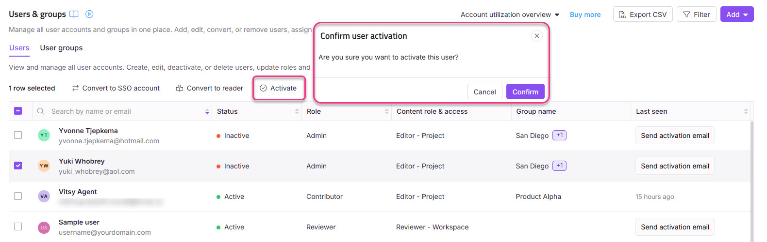 User activation confirmation dialog with user details and action buttons displayed.