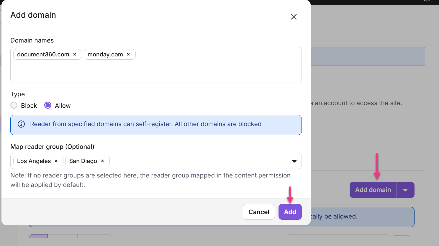 Adding domains to allow or block access for specific reader groups in the application.