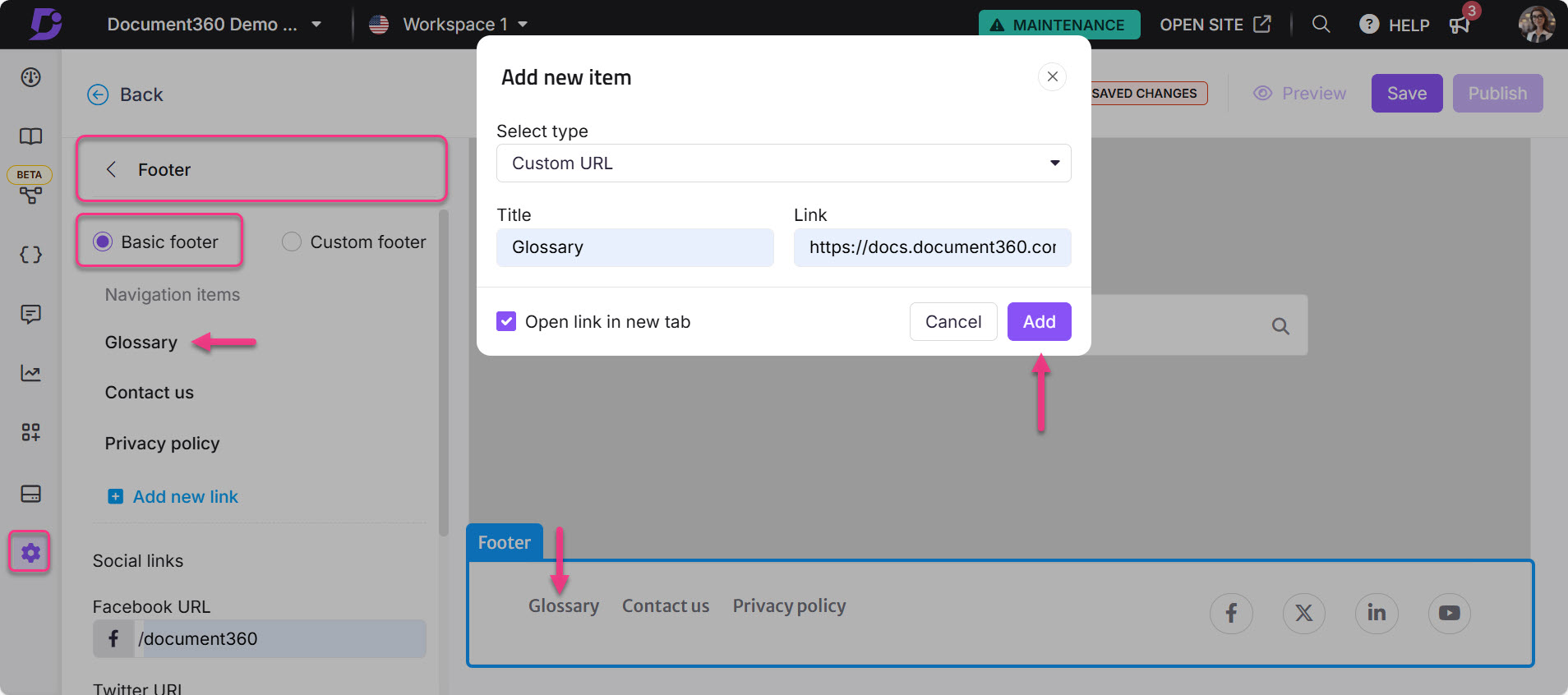 Adding a glossary link in the footer section of a document management interface.